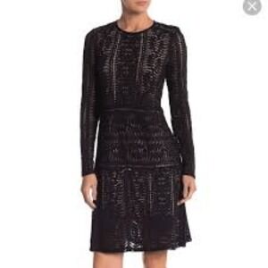BCBGMAXAZRIA Black Floral Lace Long Sleeve Mini Dress Nude Lining XXS